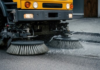 Street sweeper cleaning the road, showcasing urban maintenance and cleanliness