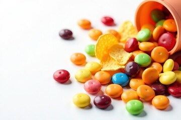 Obraz premium Pile of colorful candy, chips, and soda on white , greasy, unhealthy