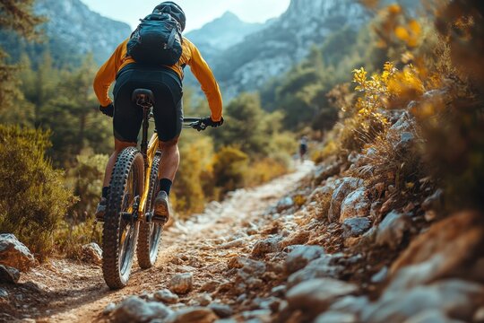 A mountain biker ascends a rocky trail under a clear sky in a scenic wilderness area