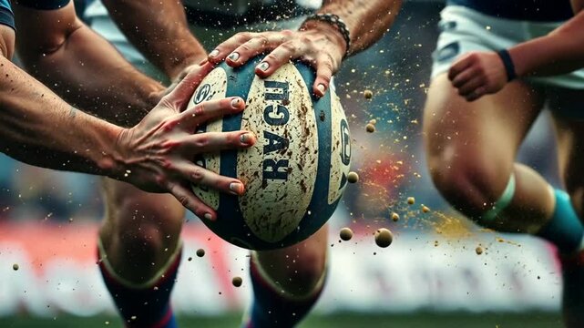 Immersive view of intense rugby match close up capturing raw power athleticism and teamwork on vibrant field