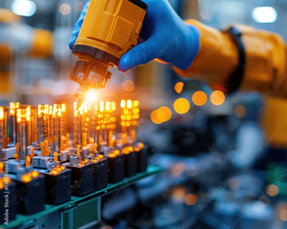 Poster robotic arm precisely assembling illuminated components on a circuit board in a factory