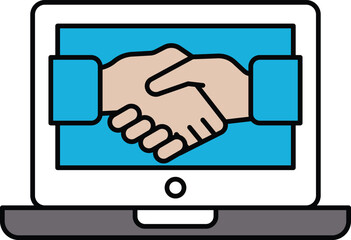 A hand shaking another hand on a laptop screen