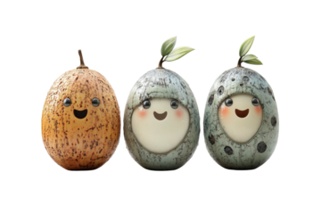 Three Adorable Animated Characters Resembling Happy Fruits