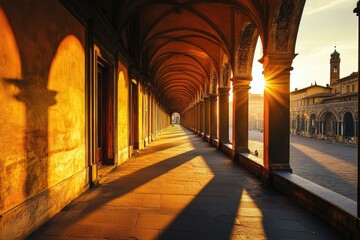 Obraz premium Vasari Corridor. Ancient Arcade Architecture over Arno River at Sunset in Florence, Tuscany, Italy