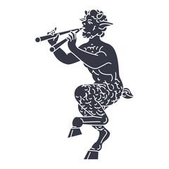 Faun Playing Double Flute Silhouette – Mythological Satyr Black Illustration