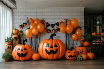 Halloween decorations: pumpkins and balloons, adding festive charm to a cozy living room with warm lights and a carved jack-o'-lantern on the mantel.