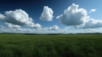 Obraz premium Vast green field under a vibrant blue sky, dotted with fluffy white clouds. A serene landscape stretching to the horizon