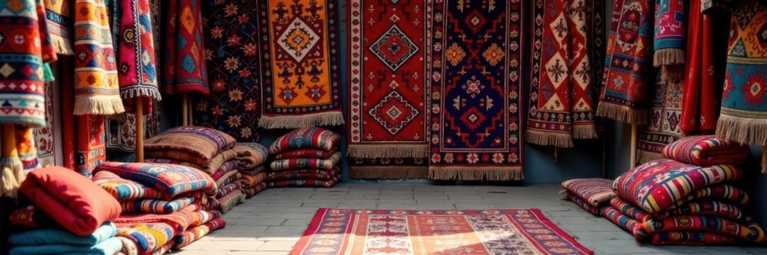 Vibrant Uzbek rugs & tapestries overflow a market stall , pattern, background