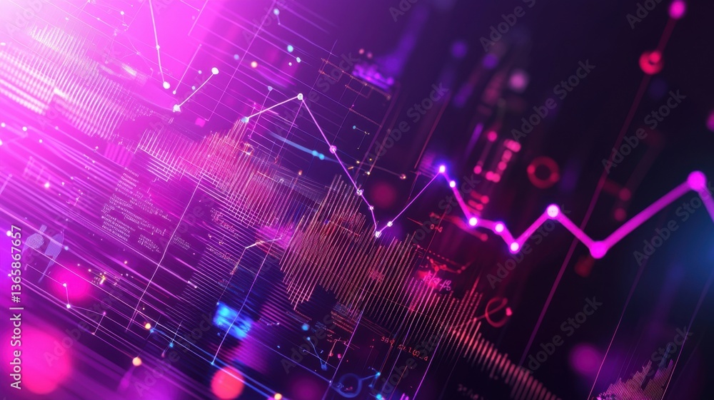 Poster a vibrant digital graphic depicting fluctuating data trends with colorful lines and shapes, represen