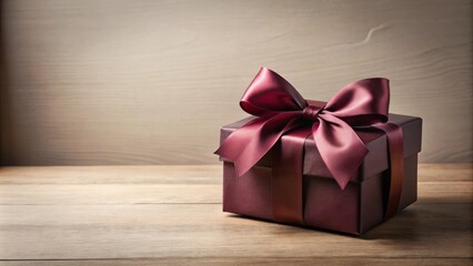 A maroon gift box with a satin ribbon bow on a wooden surface