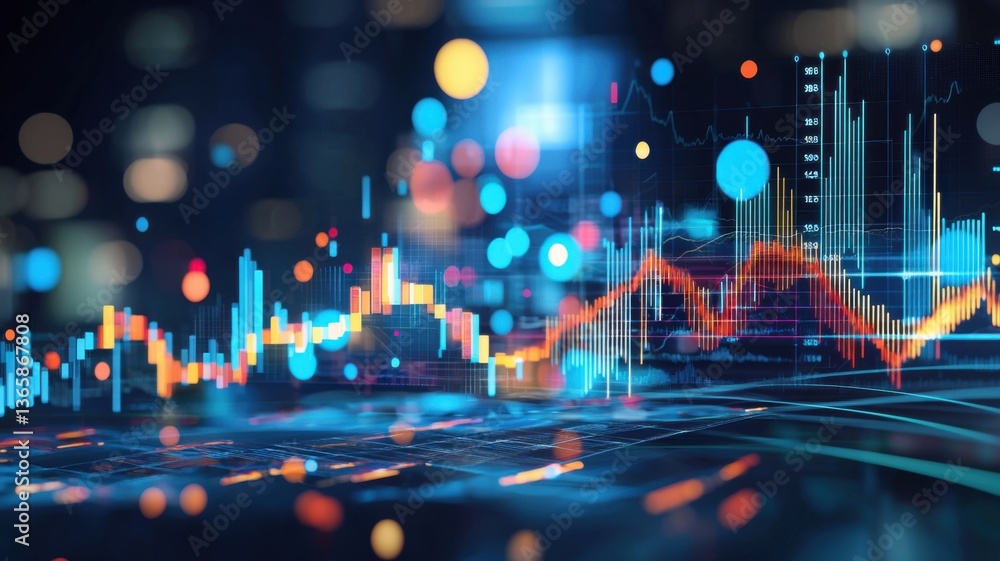 Poster a vibrant digital visualization of financial data, showcasing graphs and colorful data points agains
