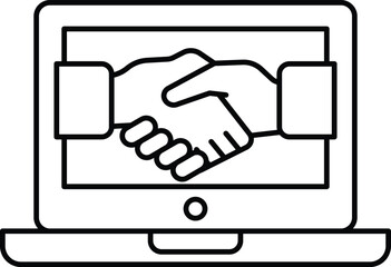 A laptop screen shows two hands shaking, symbolizing a business deal