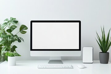 Modern Computer with Blank White Screen, Keyboard, Mouse and Plants on White Desk