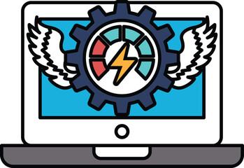 A laptop screen with a gear and wings on it