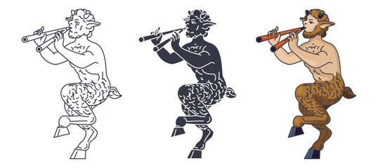 Mythological Faun Playing Double Flute – Line Art, Silhouette, and Color Illustration Set