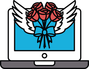 A laptop screen with a bouquet of roses and wings