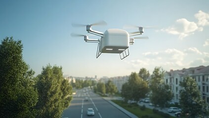 Drone flying over a cityscape, carrying a cardboard box.