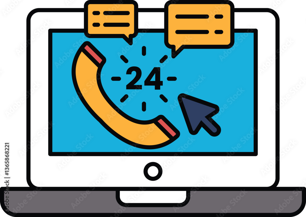 Poster a computer screen with a phone icon and a clock showing the time of 24