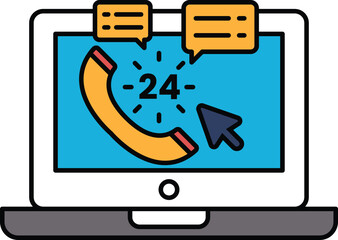 A computer screen with a phone icon and a clock showing the time of 24