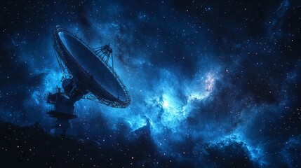Fototapeta premium A colossal radio telescope stands tall, capturing cosmic signals amidst a vivid expanse of stars and celestial clouds