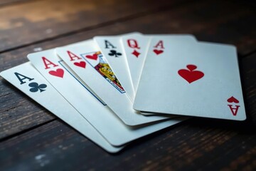 Obraz premium Playing cards arranged in an ace high sequence , cards, playing cards, hearts