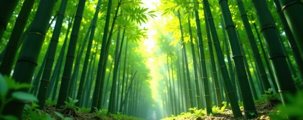 Dense bamboo thicket, sunlight filtering through, image, scene