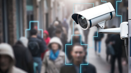 Surveillance camera monitoring a busy city street with facial recognition technology