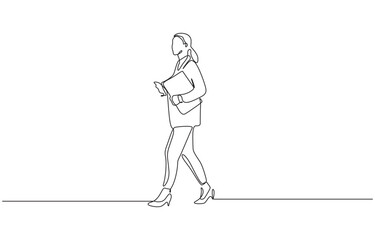 Continuous line drawing of happy young business woman holding briefcase, Business activities concept. Single line draw design vector graphic illustration.