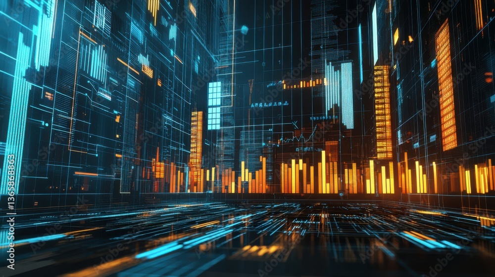Poster a futuristic digital cityscape with glowing lines and data visuals, representing technology and inno