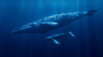 Fototapeta premium A mother humpback whale and her calf swimming in the deep blue ocean,