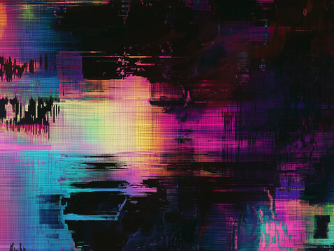 A digital glitch abstract background with distorted pixels, RGB shifts, and static noise.