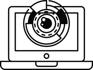 A black and white image of a laptop with a large eye on the screen