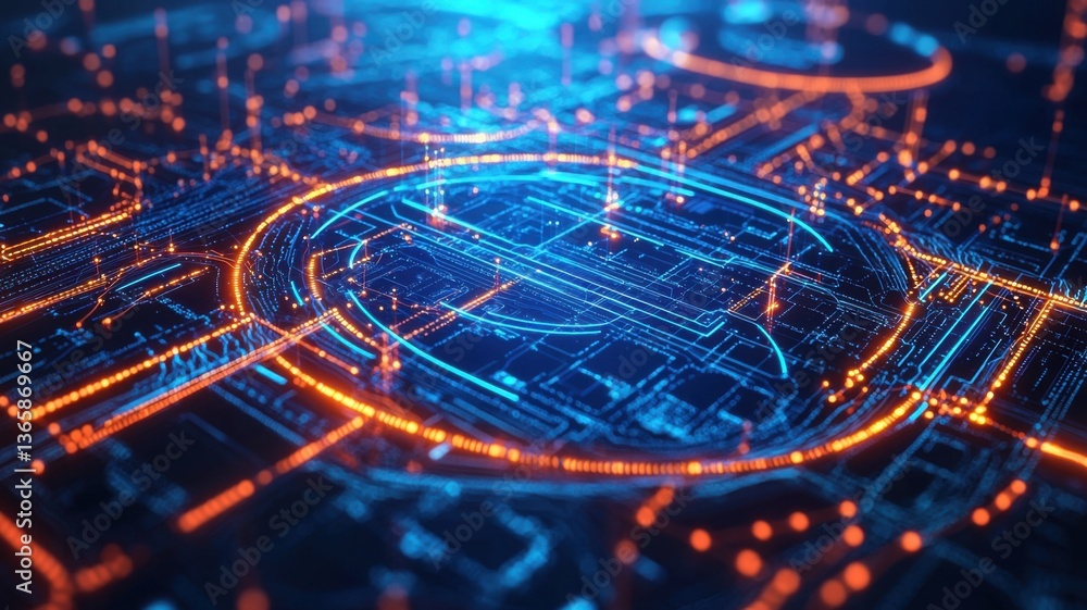Poster a vibrant, abstract representation of a digital circuit board, featuring glowing lines and nodes in 