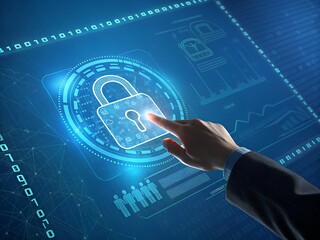 hand holding a padlock with binary code