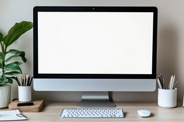 Modern Workspace featuring iMac, Keyboard, Mouse, Green Plant on Wooden Desk & White Background