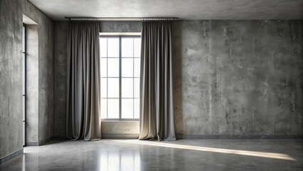 Obraz premium Modern industrial interior design featuring a large window with grey curtains and exposed concrete walls