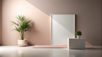 Modern minimalist interior design with blank frame and plants