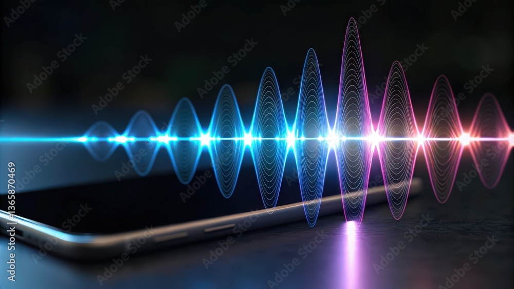 Poster a cybernetic voice waveform visualizes a technological transformation in a digital format.