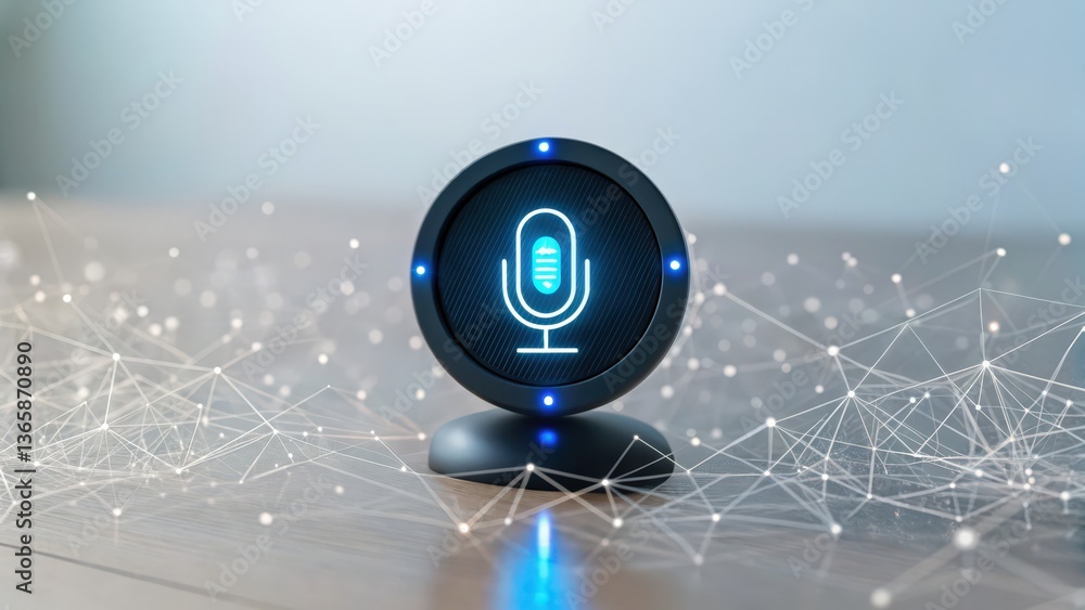 Poster a floating ai microphone icon symbolizing advanced neural technology.