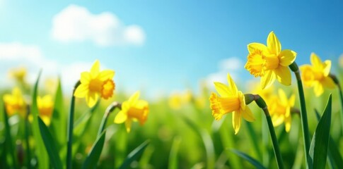 Vibrant yellow daffodil flowers sway gently in a lush green meadow under clear blue skies on a sunny day , yellow daffodils, field, sunshine