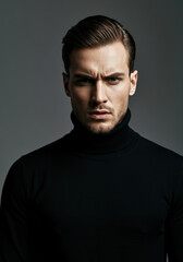 Fototapeta premium Intense portrait of a man in a black turtleneck sweater