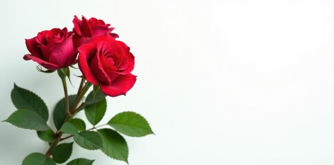 Fototapeta premium Two vibrant red roses, lush green leaves, pristine white background , romance, floral, leaves