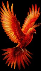 Firebird revealing its golden-red wings on a dark background (mythical art). Generated AI