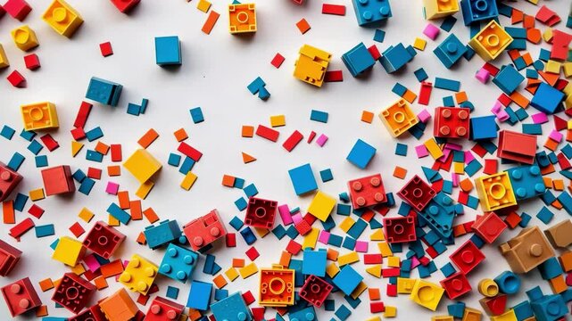 Colorful toy bricks spread across a white background, creating an artistic and fun flat lay composition. This video captures the essence of creativity, imagination, and playful exploration.