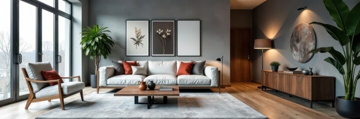 Grey loft living room, modern furniture, large windows, stylish decor, decor, sofa