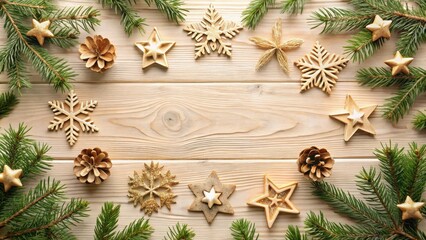 Fototapeta premium Elegant Festive Frame of Golden Ornaments and Evergreen Branches on Light Wood
