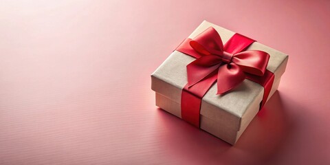Obraz premium A beige gift box adorned with a vibrant crimson ribbon bow, resting on a soft pink surface.