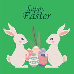 Vector background with Happy Easter text, colored eggs and bunnies.