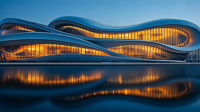 Modern architectural marvel reflecting in water at dusk, showcasing innovative design and tranquility