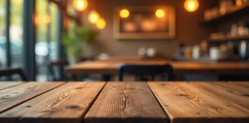 Wooden table top against blurred cafe background with soft light, golden bokeh effect , golden light, table
